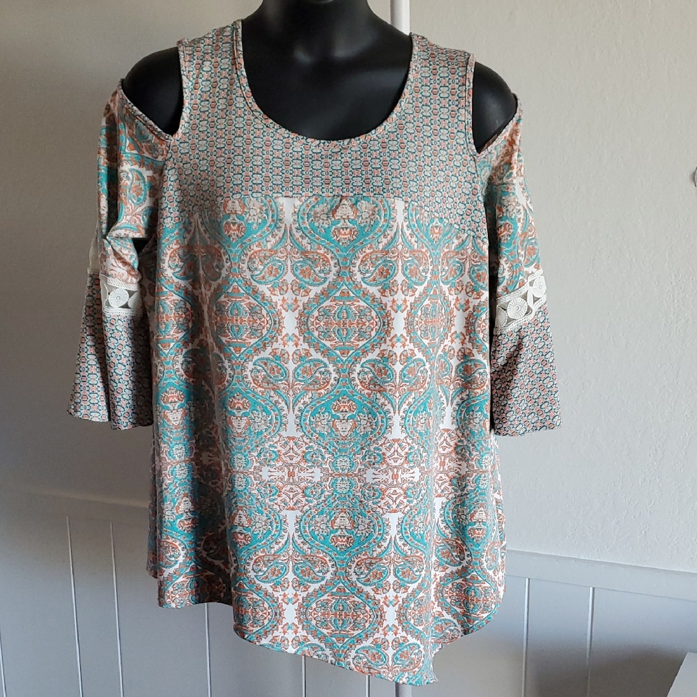 New Directions Teal and Orange Cold Shoulder Blouse 2X Curvy